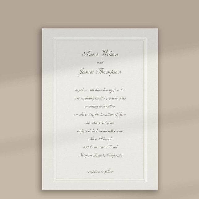 Invitación Faux Grabado en relieve Frame Ecru Boda formal clá (formal traditional wedding invitation faux embossed cream ecru frame calligraphy modern classic)