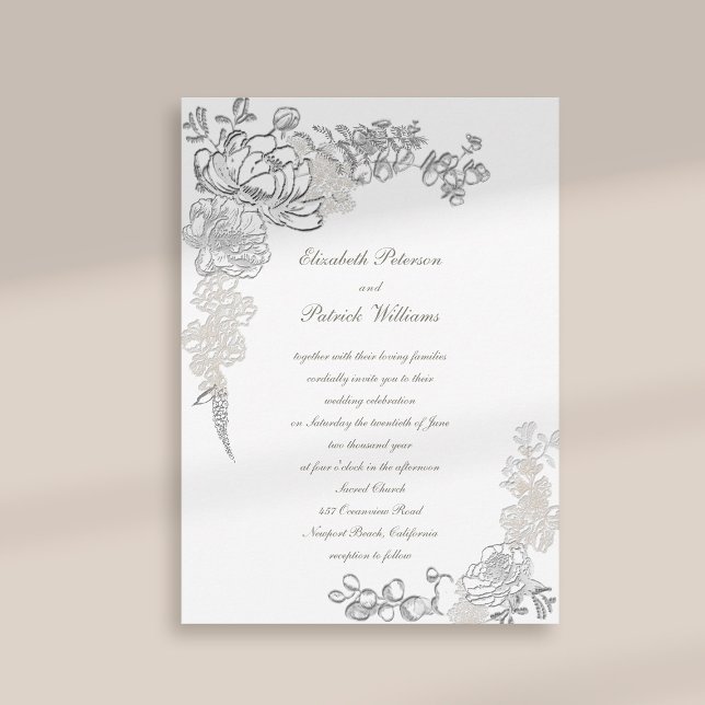 Invitación Faux Grabado en relieve Ivory Peony Calligraphy Bo (formal traditional elegant calligraphy wedding invitation faux embossed peony ivory white classic)