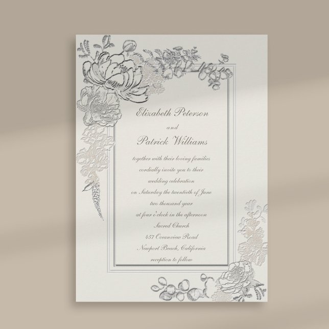 Invitación Faux Grabado en relieve Peonies 2 Frames Calligrap (peony wedding invitation floral double frame formal traditional calligraphy ecru traditional classic)