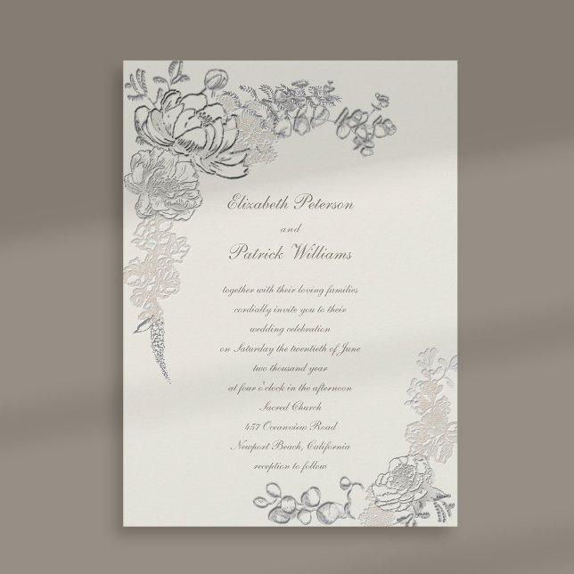 Invitación Faux Grabado en relieve Peonies Frame Calligraphy  (peony wedding invitation floral frame formal traditional elegant calligraphy ecru modern classic)