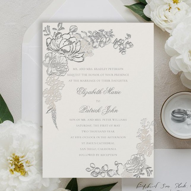 Invitación Faux Grabado en relieve Peonies Frame Formal Ecru  (peony wedding invitation floral frame formal traditional elegant calligraphy modern classic ecru)