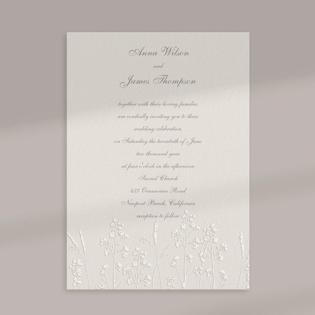 Invitación Faux Grabado en relieve Wildflowers Ecru Classic B (formal traditional wedding invitation faux embossed wildflowers art sketch ecru calligraphy)