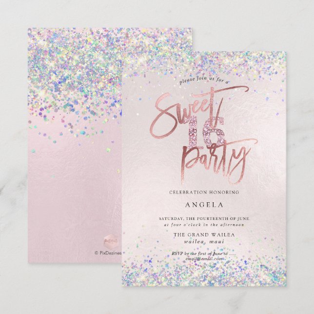 Invitación Faux Hologram Sweet 16 Studded Diamond Rubor (Anverso / Reverso)