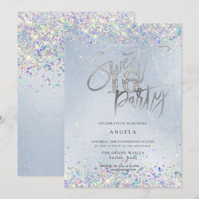 Invitación Faux Hologram Sweet 16 Stued Diamond Dusty Blue (Anverso / Reverso)