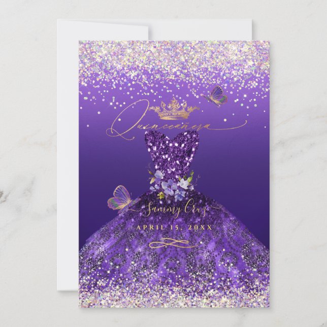 Invitación Faux Holograma Purpurina Vestido Púrpura Quinceane (Anverso)