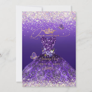 Invitación Faux Holograma Purpurina Vestido Púrpura Quinceane