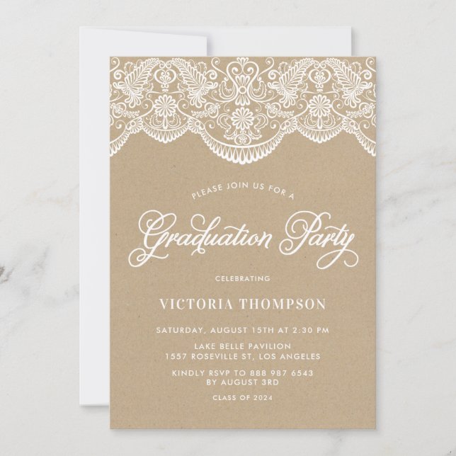 Invitación Faux Kraft Brocade Lace Graduation Party (Anverso)