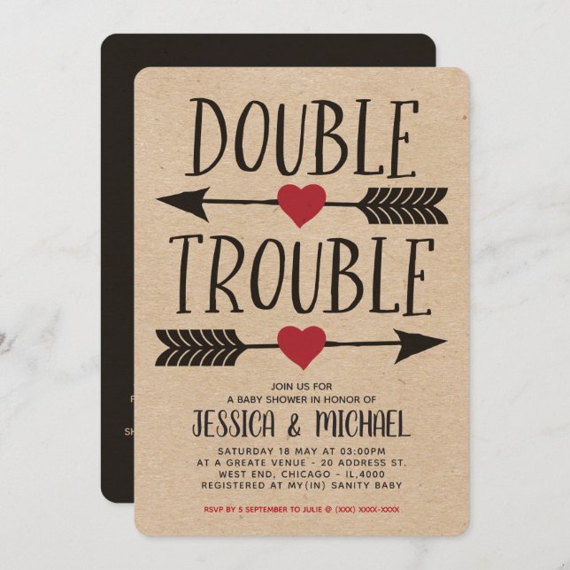 Invitación Faux Kraft Doble problema de Baby Shower gemelo (Anverso / Reverso)