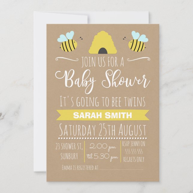 Invitación Faux Kraft Gemelos ocupados Bee baby Shower Invita (Anverso)