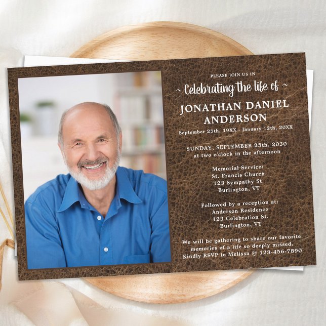 Invitación Faux Leather Photo Funeral Celebración De La Vida (Subido por el creador)