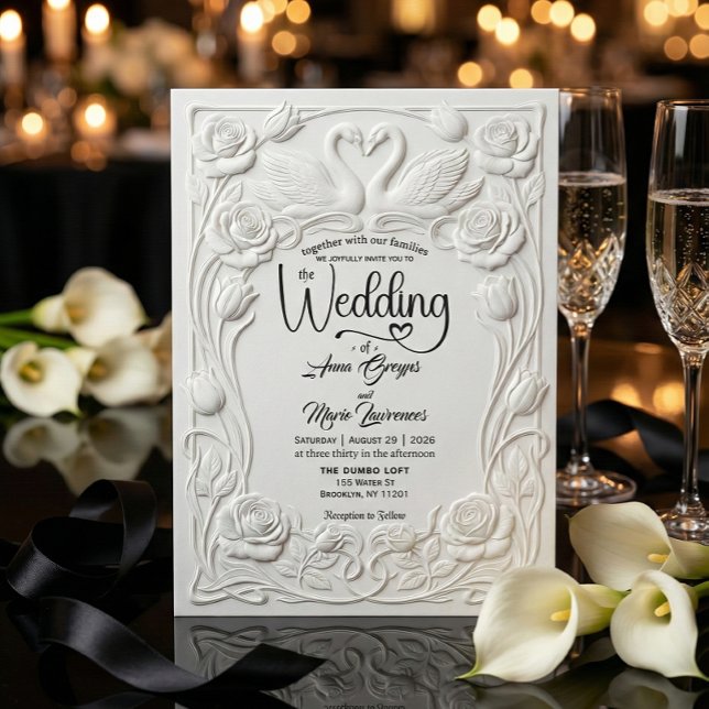Invitación Faux Letterpress Embossed Floral Swan Wedding   (Subido por el creador)