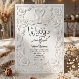 Invitación Faux Letterpress Embossed Floral Swan Wedding  