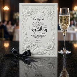 Invitación Faux Letterpress Embossed Swan Floral Wedding