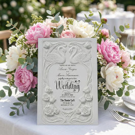 Invitación Faux Letterpress Swans Formal Black Tie Wedding