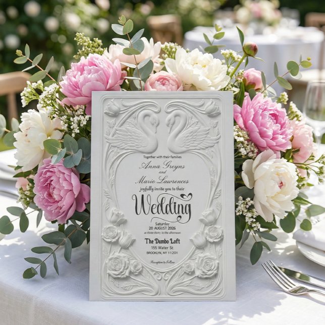 Invitación Faux Letterpress Swans Formal Black Tie Wedding (Subido por el creador)