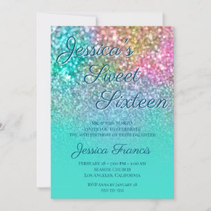 Invitación Faux Mermaid Purpurina Turquoise Ombre Sweet Dieci