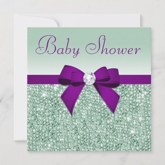 Invitación Faux Mint Sequins Purple Bow Baby Shower (Anverso)