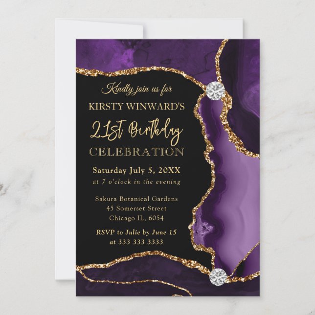 Invitación Faux morado y oro Purpurina Agate Cumpleaños (Anverso)