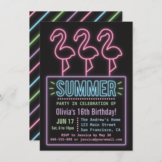 Invitación Faux Neon Flamingo Verano Dieciséis cumpleaños (Anverso / Reverso)