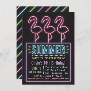 Invitación Faux Neon Flamingo Verano Dieciséis cumpleaños