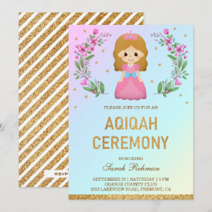 Invitación Faux oro brillo lindo rosa princesa Aqiqah