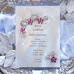 Invitación Faux Pearls Botones de Diamante Rosa Quinceañera F