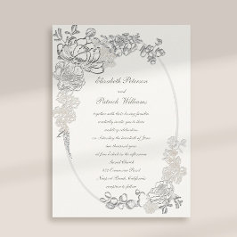 Invitación Faux Peonías Bordadas Caligrafía Perla Blan Weddin