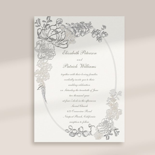 Invitación Faux Peonías Bordadas Caligrafía Perla Blan Weddin (peony wedding invitation floral oval frame formal traditional elegant calligraphy pearl classic)