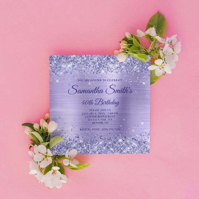 Invitación Faux Periwinkle Purpurina y Relieve metalizado 40  (Create your own milestone birthday invitation for her.)