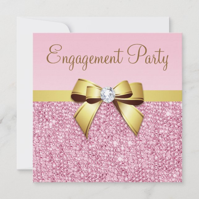 Invitación Faux Pink Secuencia Gold Bow Engagement Party (Anverso)