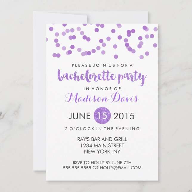 Invitación Faux Purple Purpurina Bachelorette Party (Anverso)
