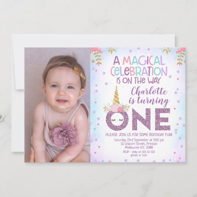 Invitación Faux Purple Purpurina Una Foto Unicornio Primer Cu (Anverso)