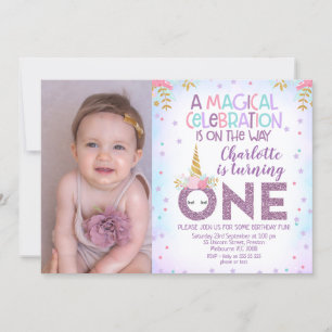 Invitación Faux Purple Purpurina Una Foto Unicornio Primer Cu