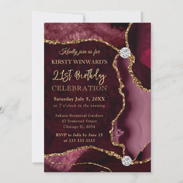 Invitación Faux Purpurina Agate de Red y Gold Cumpleaños (Anverso)