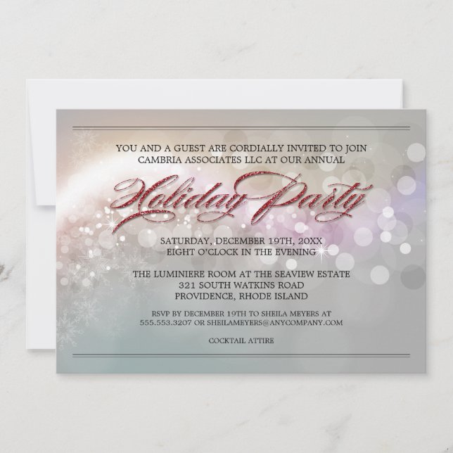 Invitación Faux Purpurina Bokeh Stars Corporate Holiday Party (Anverso)