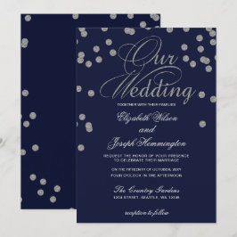 Invitación FAUX Purpurina confetti navy boda de plata