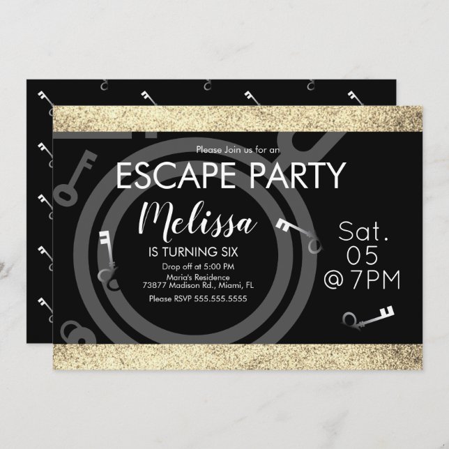 Invitación Faux Purpurina Escape Room Birday Party Black Gold (Anverso / Reverso)