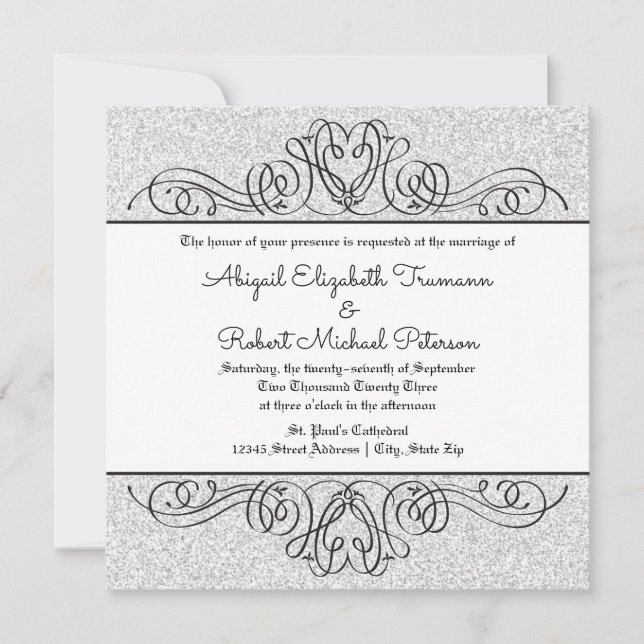 Invitación Faux Purpurina formal floral flourish Wedding Invi (Anverso)
