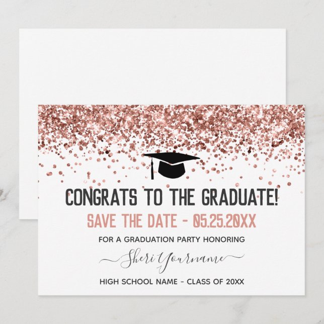Invitación Faux Purpurina Graduation Party Save the Date (Anverso / Reverso)