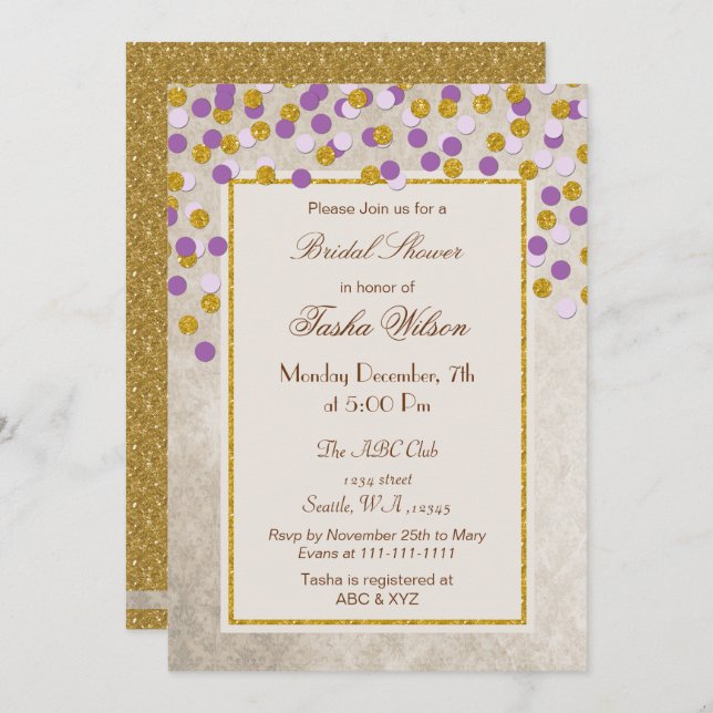 Invitación FAUX Purpurina morado Oro confetti Bridal Shower (Anverso / Reverso)