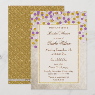 Invitación FAUX Purpurina morado Oro confetti Bridal Shower