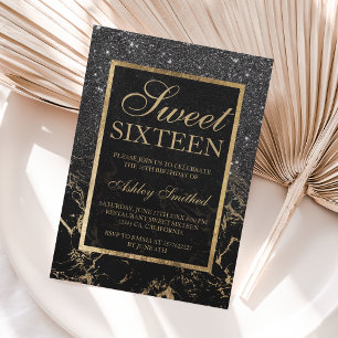 Invitación Faux purpurina negro oro elegante mármol Sweet 16