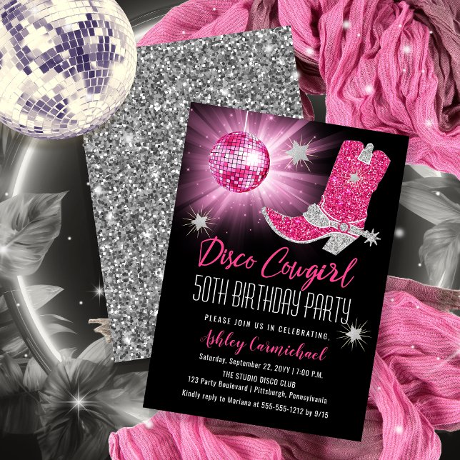 Invitación Faux Purpurina Pink Disco Cowgirl 50 Birthday Part (Disco Cowgirl 50th Birthday Party Invitations -- Print and/or Download)