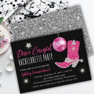 Invitación Faux Purpurina Pink Disco Cowgirl Bachelorette