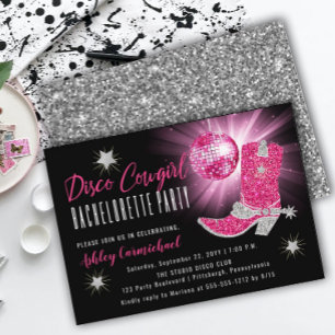 Invitación Faux Purpurina Pink Disco Cowgirl Bachelorette