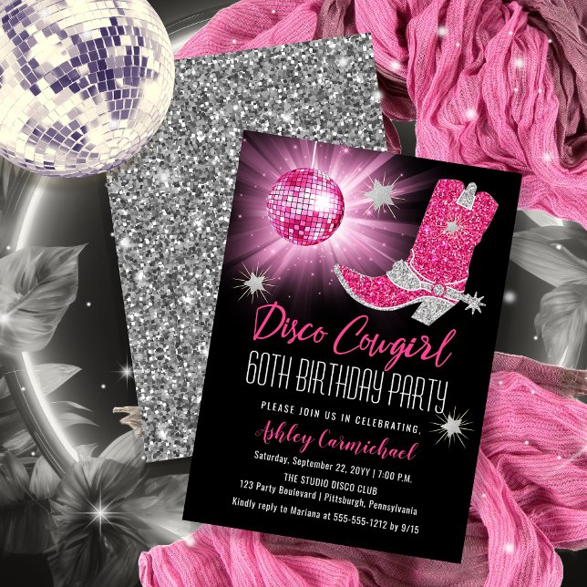 Invitación Faux Purpurina Pink Disco Cowgirl Fiesta de cumple (Disco Cowgirl 60th Birthday Party Invitations -- Print and/or Download)