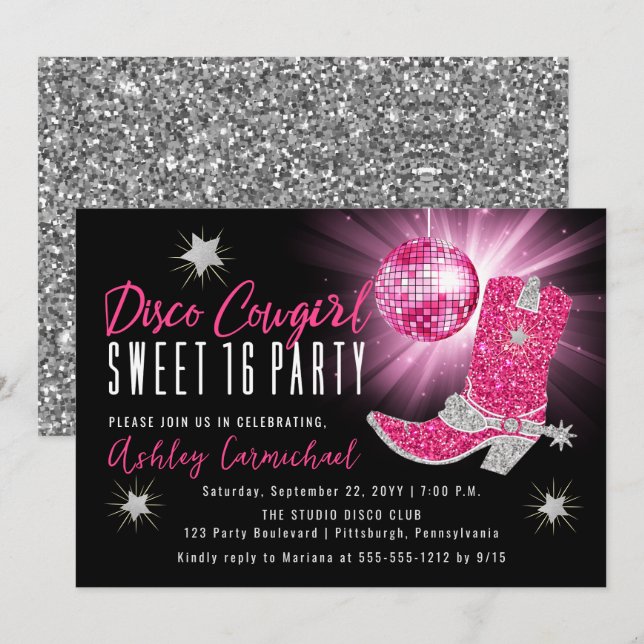 Invitación Faux Purpurina Pink Disco Cowgirl Sweet 16 Fiesta (Anverso / Reverso)
