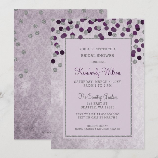 Invitación FAUX Purpurina Silver Purple confetti Bridal Showe (Anverso / Reverso)