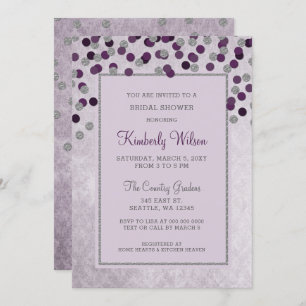 Invitación FAUX Purpurina Silver Purple confetti Bridal Showe