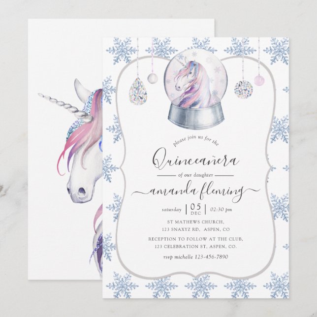 Invitación Faux Purpurina Unicorn Winter Wonderland Quinceañe (Anverso / Reverso)